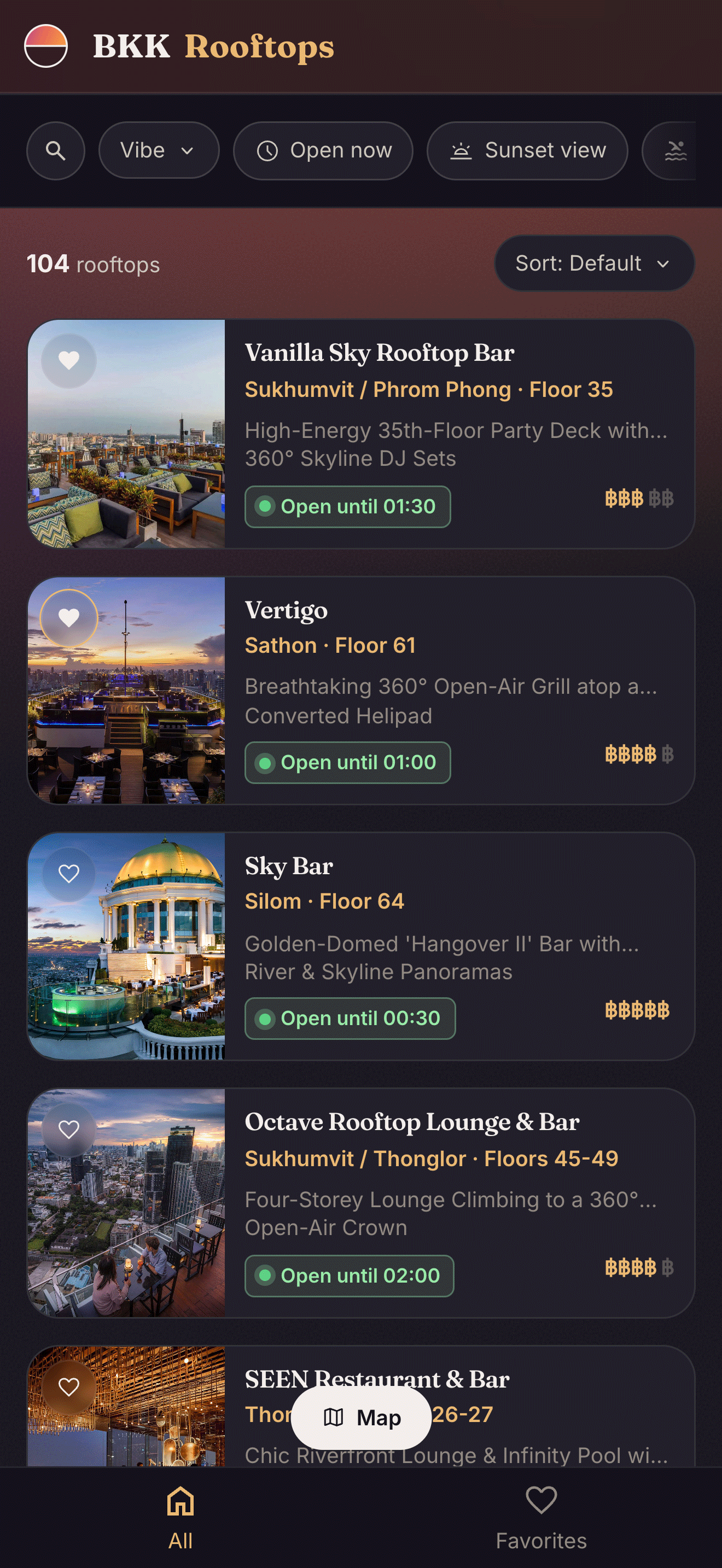 App home screen listing Bangkok rooftop bars with vibe, open-now and sunset-view filters